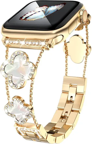 Miniatura 14 de Musk-MSKR Correas de metal con diamantes añaden brillo a tu reloj para Apple Watch Series 11/10/9/8/7/6/5/4/3/2/SE/Ultra Trébol Simple y elegante
