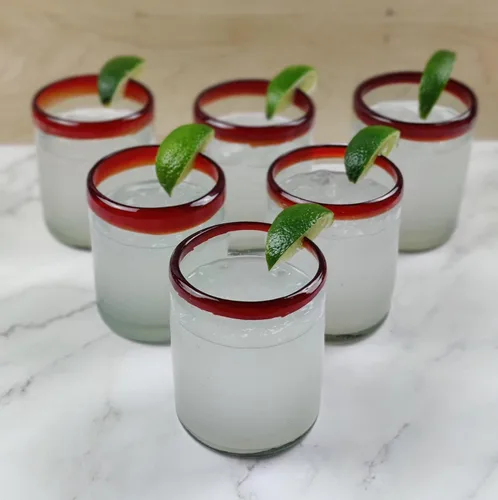 Miniatura 2 de Dos Sueños Vasos mexicanos soplados a mano, juego de 6 vasos con bordes rojos (10 onzas cada uno)
