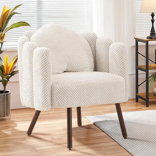Furniliving Silla de tocador beige, silla de terciopelo para sala de estar, sillas de concha con patas de madera, silla de maquillaje para
