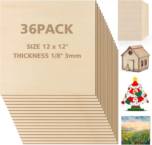 Adrattnay Hojas de tilo de 1/8 x 12 x 12 pulgadas, hojas de madera contrachapada de tilo de 0.118 pulgadas, 36 tableros cuadrados de madera sin 36