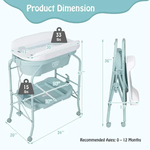 Miniatura 6 de BABY JOY Bañera para bebé con cambiador, estación plegable para cambiar pañales con bandeja de almacenamiento, almohadilla impermeable, organizador
