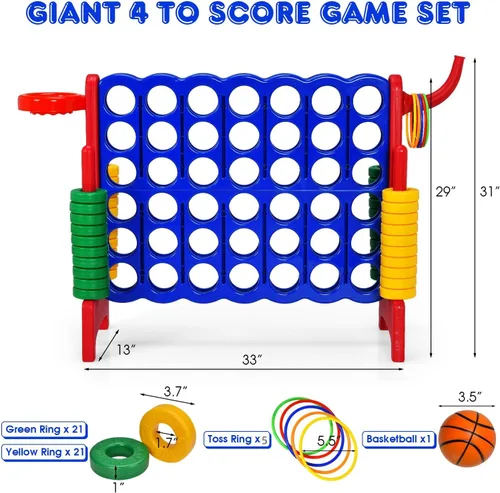 Miniatura 7 de KOTEK Juego gigante 4 en una fila, juego familiar jumbo de 4 en puntuación con deslizadores de liberación rápida, 42 anillos, lanzamiento de anillos