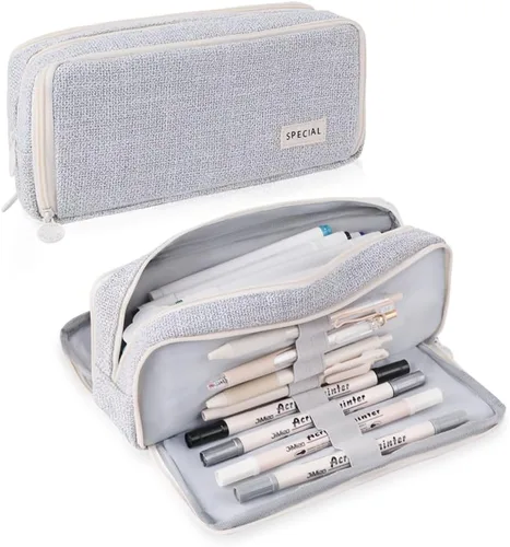 Miniatura 9 de iSuperb - Estuche grande para lápices con gran capacidad, de lona, con 3 compartimentos, bolsa para bolígrafos, bolsa de marcadores