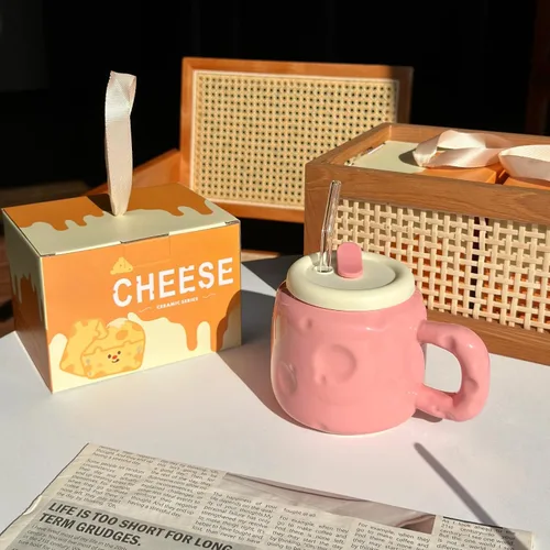 Miniatura 7 de Juego de tazas de cerámica en forma de queso de 25 onzas – Taza de café de cerámica bonita con tapa y pajita, taza de café grande regalo