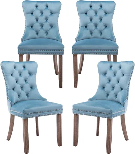 Miniatura 74 de Juego de 2 sillas de comedor de terciopelo, silla de comedor tapizada de alta gama con tirador de anillo en la espalda, adorno de clavos y patas