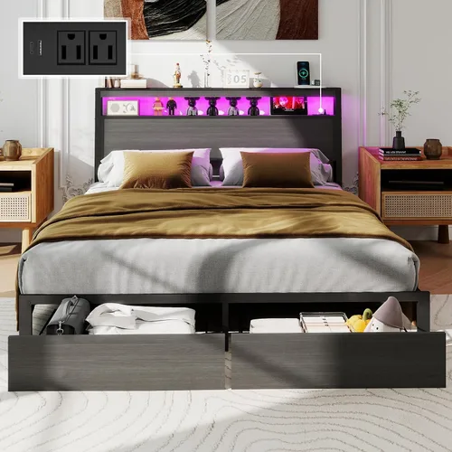 Miniatura 10 de Base de cama tamaño Queen con 4 cajones de almacenamiento y cabecero con estación de carga y luces LED, 2 niveles de almacenamiento de cabecera