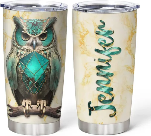 Miniatura 18 de Hyturtle Vaso Personalizado para Amantes de Búhos - Vaso de Café de Acero Inoxidable con Impresión de Búhos y Nombre Personalizado 590 ml con Tapa