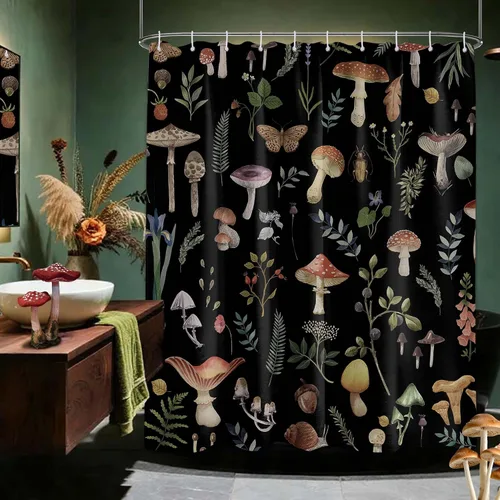 Miniatura 14 de Cortina de ducha de hongos, bonito juego de cortinas de ducha de hongos negros para decoración de baño, tela de poliéster impermeable con ganchos
