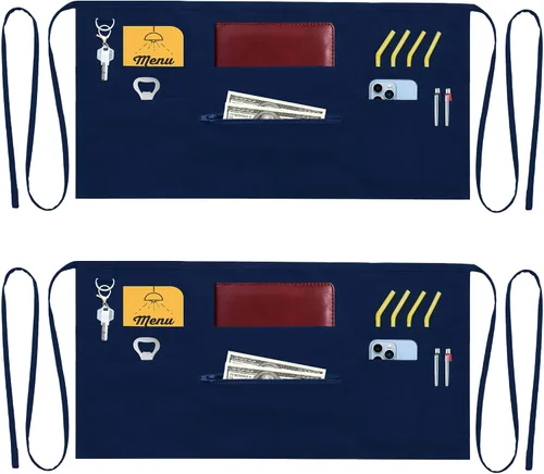 Miniatura 8 de Delantales de camarero con 7 bolsillos con bolsillo con cremallera (paquete de 2) - Delantales para mujeres y hombres - Medio delantal de cintura