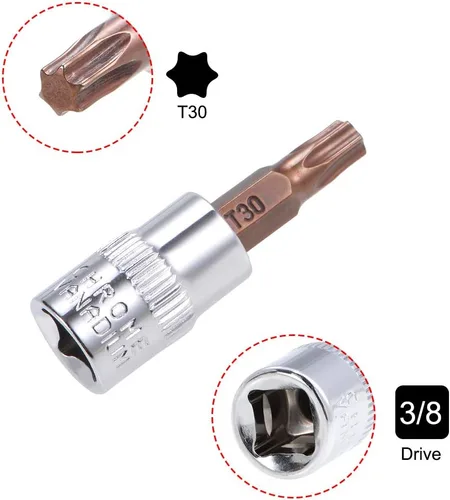 Miniatura 3 de uxcell 3 unidades de 3/8 pulgadas x T30 Torx broca zócalo, brocas de acero S2 CR-V, 1.496 in de longitud, uso con llave de trinquete, barra