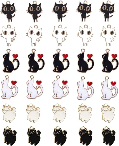 30 dijes adorables de gato de anime para hacer joyas, mezcla de 3 diseños de esmalte de gato blanco y negro, encantadores dijes para mujeres, hechos