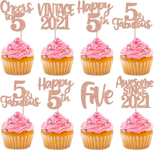 Miniatura 22 de Rsstarxi Paquete de 24 adornos para cupcakes vintage 2019 con purpurina negra para 5º cumpleaños, saludos a 5, cinco, 5, 5 fabulosos para cupcakes