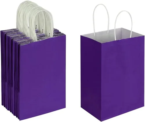 Oikss Paquete de 50 bolsas pequeñas de papel kraft morado de 5.25 x 3.25 x 8.25 pulgadas con asas a granel para cumpleaños, bodas, fiestas, Púrpura