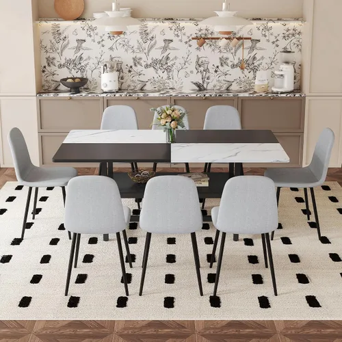 Miniatura 21 de Juego de mesa de comedor de 71 pulgadas para 6 personas con estante de almacenamiento, juego de mesa de comedor rectangular industrial moderna