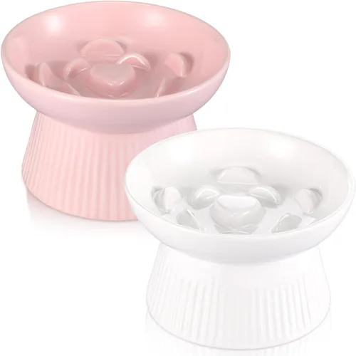 Miniatura 7 de Layhit Paquete de 2 cuencos elevados de alimentación lenta para gatos, cuencos elevados de cerámica para comida para gatos, anti vómitos, comedero