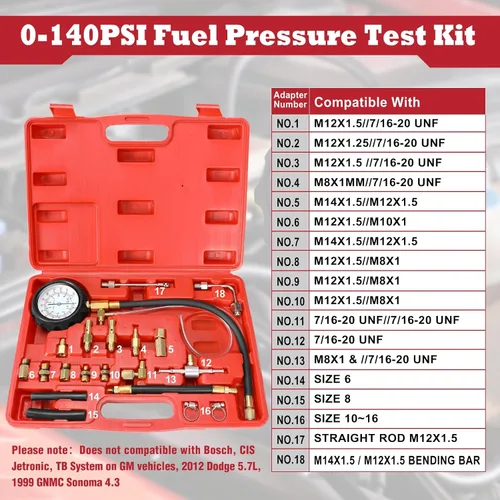 Miniatura 2 de BETOOLL HW0138 0-140PSI kit de herramientas para el auto con medidor de presión de la bomba de inyección de combustible.