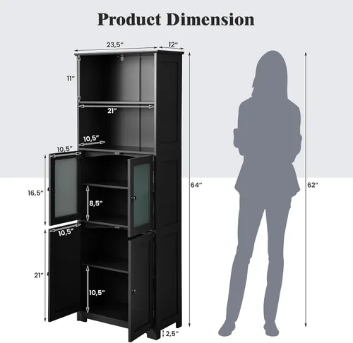 Miniatura 3 de Giantex Armario de almacenamiento de baño de 64 pulgadas de alto, armario de despensa de cocina independiente con 2 gabinetes, 2 compartimentos