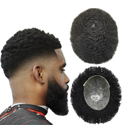 Miniatura 20 de Tupé rizado afro para hombres negros Full Poly African American Curl sistemas de cabello humano inyectado PU Coily Male Hairpieces Poly Hair
