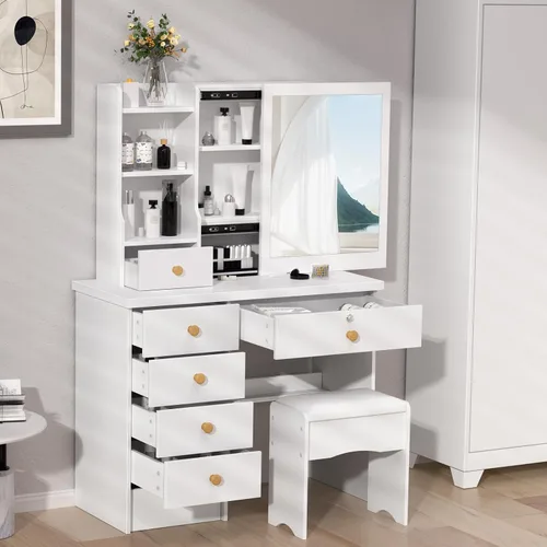 Miniatura 6 de Escritorio de tocador con espejo, tocador de maquillaje con silla, tocador, escritorio blanco con 6 cajones y estantes de almacenamiento, Tocadores