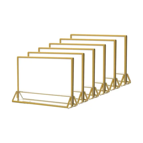 Miniatura 11 de NIUBEE Paquete de 6 soportes de acrílico transparente de 4 x 6 con bordes dorados y soporte vertical, soportes de menú de mesa de doble cara marcos