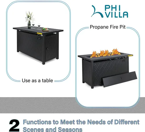 Miniatura 5 de PHI VILLA Mesa para fogata de gas, 45 pulgadas, rectangular, grande, larga, para exteriores, propano 50000 BTU, mesa de fuego con tapa y vidrio azul