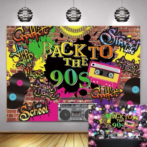 Volver a los años 90 telón de fondo Hip Hop Graffiti pared de ladrillo Retro Moda Fotografía Fondo tema de los años 90 Aldult Niños Fiesta de
