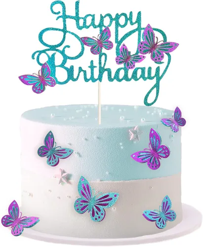 13 adornos de mariposa para tartas, adornos 3D para cupcakes para niñas y cumpleaños de mujeres (azul y morado)
