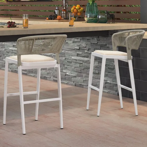 Miniatura 53 de PURPLE LEAF Juego de 2 taburetes de bar de altura de mostrador de aluminio moderno de mimbre de ratán con respaldo y cojín para cocina, césped, Gris