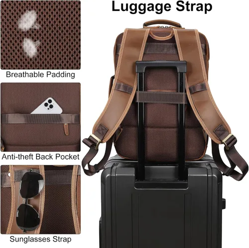 Miniatura 4 de TIDING Mochila para portátil de cuero de grano completo de 17.3 pulgadas para hombres, multibolsillos, casual, mochila de viaje de negocios, Marrón
