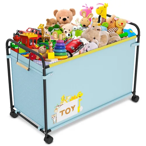 Caja de juguetes extra grande, organizador de almacenamiento de juguetes de 180L con ruedas, cofre de juguetes de metal y tela Oxford con asa, caja