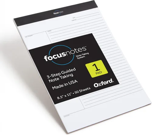 Oxford FocusNotes Bloc de escritura, sistema de toma de notas transparente, hojas de 8.5 x 11 pulgadas, notas guiadas, secciones de taco y resumen,