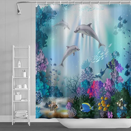 Miniatura 9 de Yeele Cortina de ducha con diseño de delfín, diseño de animales submarinos, tropical, con temática de vida silvestre, océano, azul, para baño