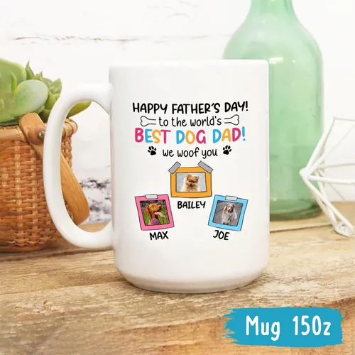 Miniatura 5 de Taza de café blanca personalizada con foto, con texto en inglés «To The World's Best Dog Dad We Woof You», taza de café blanca de 11 onzas y 15