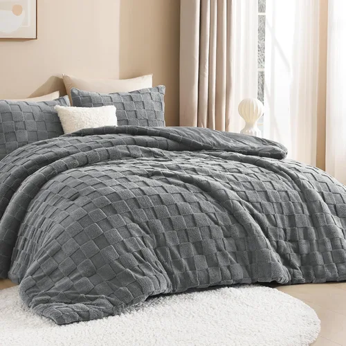 Miniatura 11 de Litanika - Juego de edredón esponjoso tamaño individual color beige, 3 piezas, ropa de cama de sherpa de felpa cálida para invierno, juego de cama