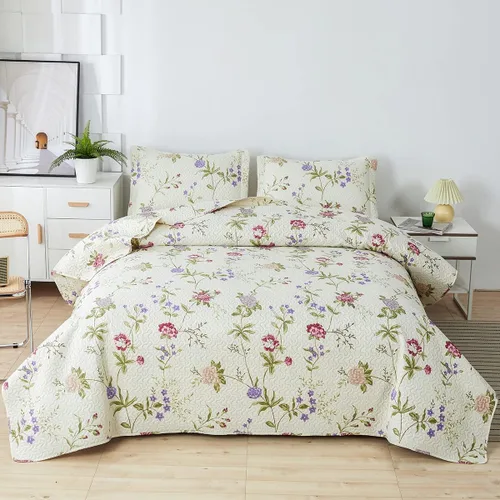 Miniatura 14 de Juego de cama de verano ligero y delgado con diseño floral de tamaño Queen/Full, conjunto de colcha y cubrecama botánico con flores lila