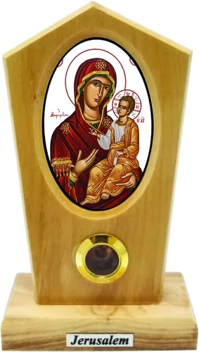 Logos Trading Post Virgen María de Jerusalén (bizantina), icono católico de pie con imagen a todo color, madera de olivo de tierra santa de Israel,