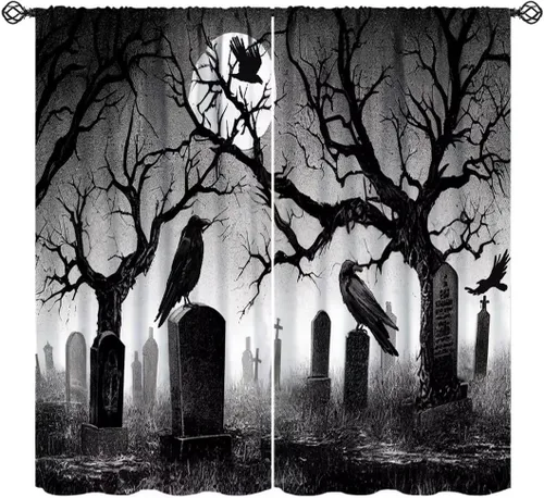 Miniatura 15 de Cortinas de bosque espeluznante, arañas góticas de bosque con niebla, árboles muertos, telarañas de telarañas de Halloween, estilo de fiesta