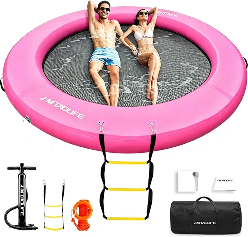 Miniatura 11 de Hamaca de agua inflable Muelle flotante, anillo flotante redondo hamaca flotante inflable para lago, barco, piscina, océano, rosa/verde menta