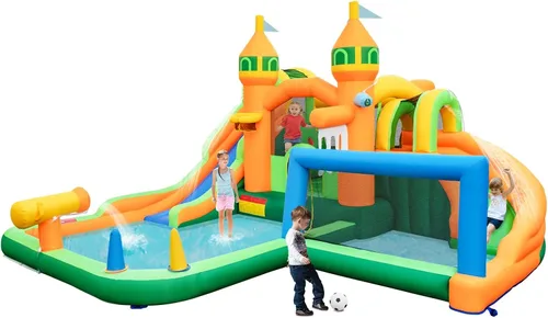 Miniatura 9 de BOUNTECH Tobogán acuático inflable, tobogán acuático 9 en 1 para niños, castillo de salto con fútbol acuático, piscina grande para salpicaduras