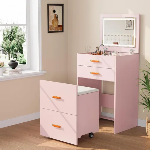 Miniatura 9 de Pequeño escritorio de maquillaje con espejo y luces, juego de tocador compacto 3 en 1, mesita de noche, tocador con silla enrollable ajustable