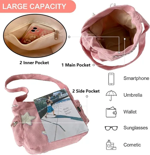 Miniatura 3 de Bolso cruzado de pana para mujer, diseño de estrella, bolso de mensajero estético, lindo bolso de hombro Y2K