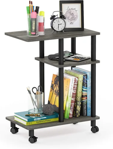 Furinno Turn-N-Tube - Mesa auxiliar en forma de C con ruedas, robre francés gris/negro Roble francés gris/negro.