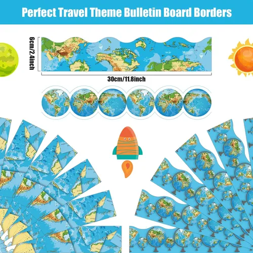 Miniatura 2 de Tablero de anuncios de 67 pies con diseño de globos de mapa del mundo, decoración de tablón de anuncios de Adventure Awaits, adorno de viaje