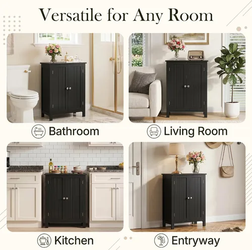 Miniatura 9 de SUPER DEAL Armario de almacenamiento moderno para el suelo del baño con estante ajustable y doble puerta a prueba de óxido, para sala de estar