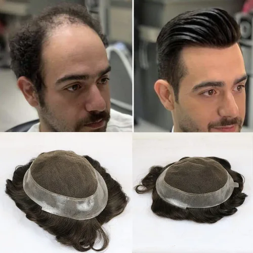 Miniatura 8 de SIMBEAUTY Encaje francés con base australiana con poliuretano alrededor de los hombres, peluca de cabello humano cómoda onda, sistema de reemplazo