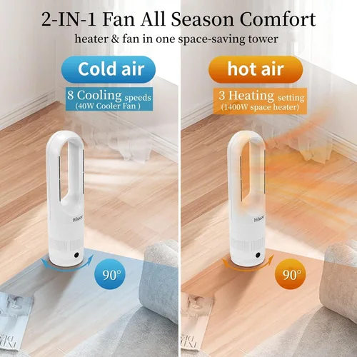 Miniatura 2 de Hiluce Ventilador sin aspas para todas las estaciones, combo de calentador de espacio de 1400W y ventilador de torre de 40W con control remoto