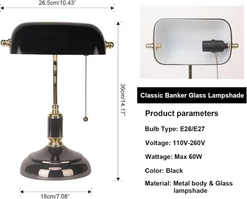 Miniatura 5 de FIRVRE Bankers - Lámpara de escritorio con interruptor de cadena de tracción con enchufe, lámparas de escritorio con pantalla de vidrio negro, base