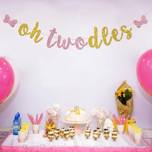 Miniatura 4 de Cartel de Oh Twodles – Decoración de fiesta de feliz segundo cumpleaños para niñas – tema de ratón de dibujos animados, suministros de decoración