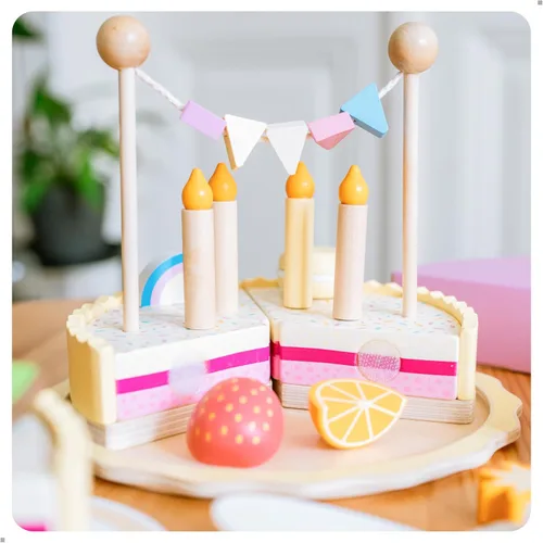 Miniatura 3 de UMU® Juego de pastel de cumpleaños de madera, juguete de cocina con velas, números, frutas y coberturas, comida de madera para niños de 3, 4, 5