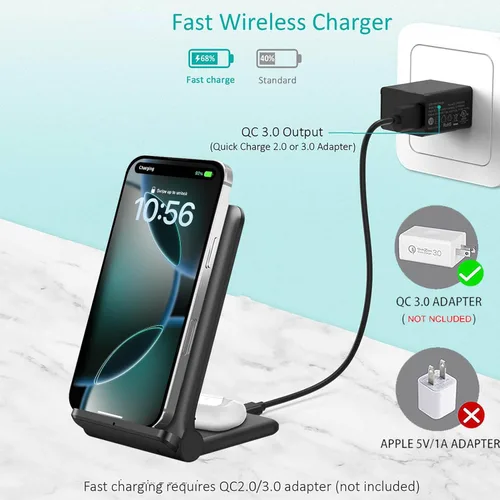 Miniatura 5 de Cargador inalámbrico 2 en 1, soporte de carga inalámbrica rápida plegable de 20 W, compatible con iPhone 17/16/16 Pro/15/14/X/AirPods, estación